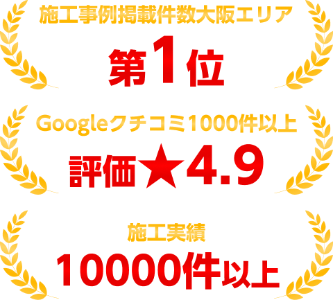 施工事例掲載件数大阪エリア第１位 Googleクチコミ650件以上 評価★4.9 施工実績 10000件以上